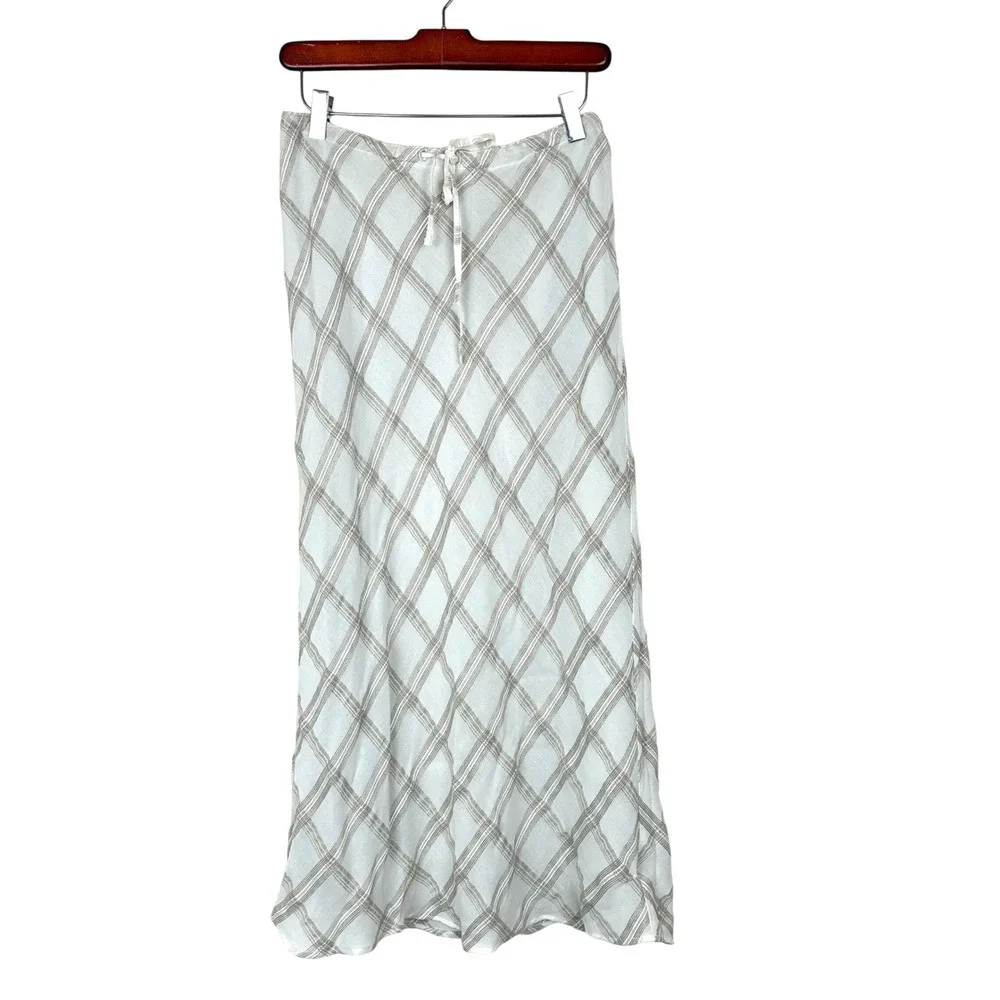 Y2K 90s Vtg Liz Claiborne Skirt M Linen Maxi Plaid Cottage Checkered Boho Office